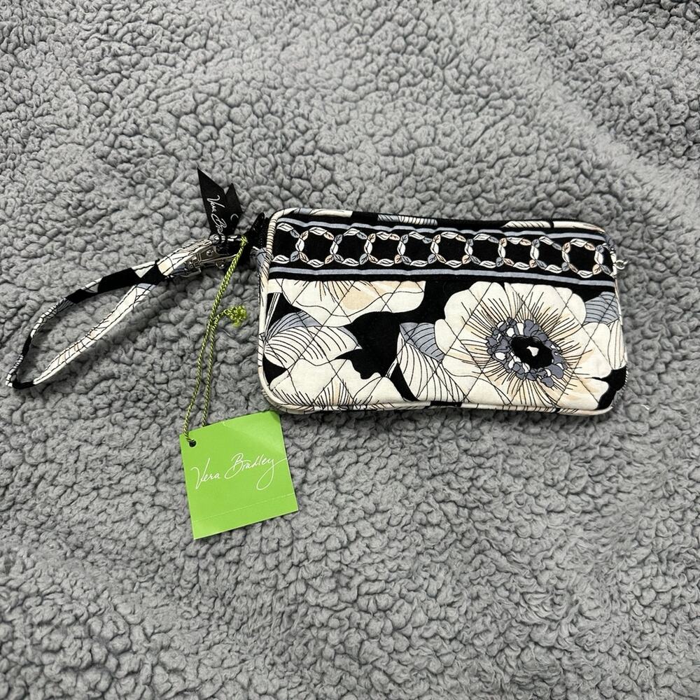 Vera Bradley Black White Floral Wristlet Zip Wallet NWT